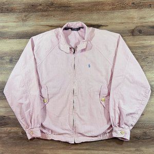 Vtg 90s POLO Ralph Lauren Pink Seersucker Cotton Bomber Harrington Jacket Preppy